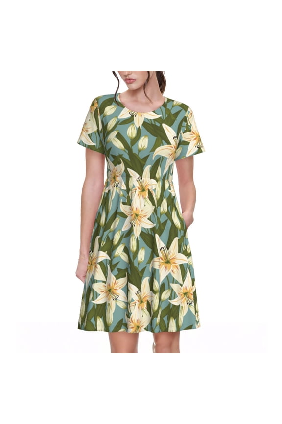 Lilies Flowers Pattern Women's Short Sleeve Summer Dress Pleated Loose Swing Knee Length Short Sleeve Swing Dresses