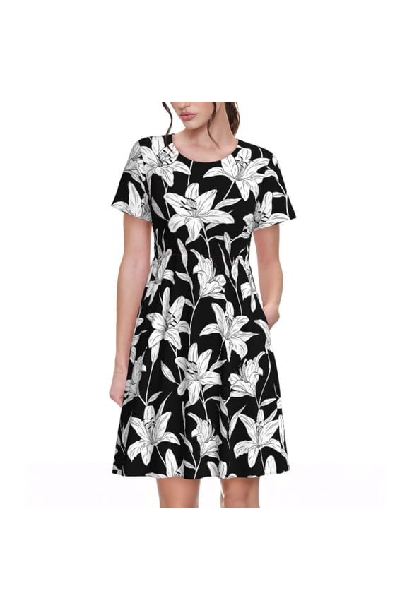 Lilies Flowers Pattern Women's Short Sleeve Summer Dress Pleated Loose Swing Knee Length Short Sleeve Swing Dresses