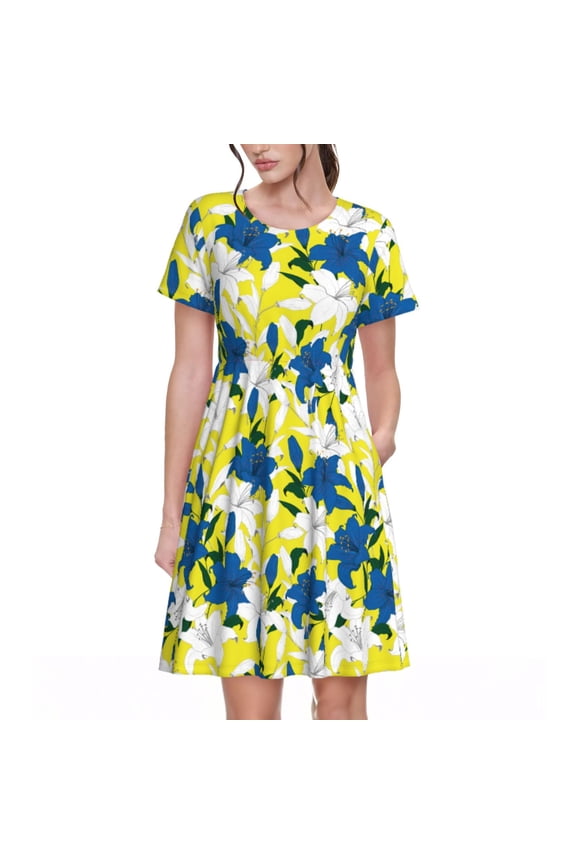 Lilies Flowers Pattern Women's Short Sleeve Summer Dress Pleated Loose Swing Knee Length Short Sleeve Swing Dresses