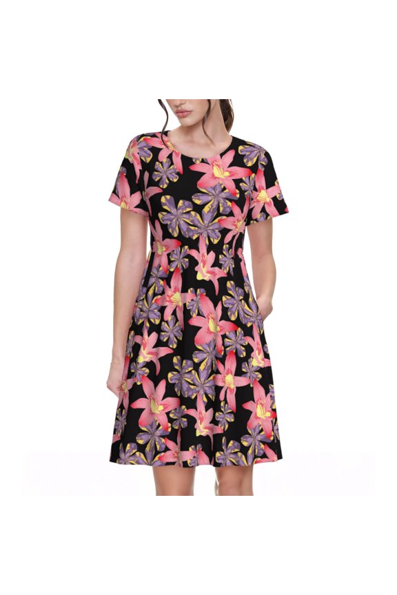 Lilies Flowers Pattern Women's Short Sleeve Summer Dress Pleated Loose Swing Knee Length Short Sleeve Swing Dresses