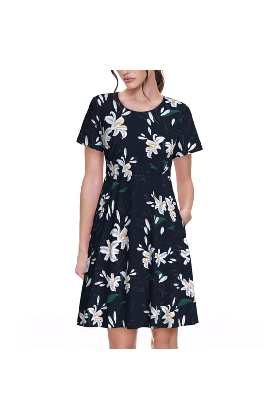 Lilies Flowers Pattern Women's Short Sleeve Summer Dress Pleated Loose Swing Knee Length Short Sleeve Swing Dresses