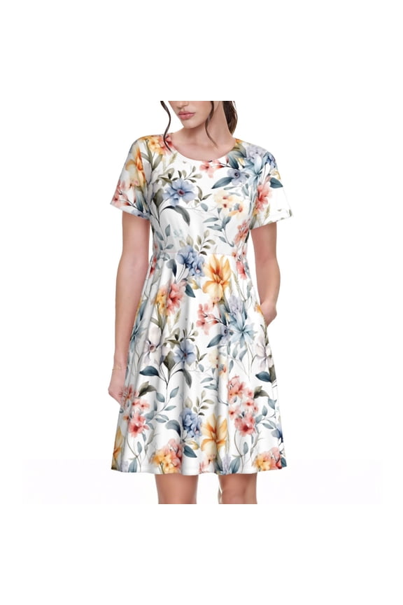 Lilies Flowers Pattern Women's Short Sleeve Summer Dress Pleated Loose Swing Knee Length Short Sleeve Swing Dresses