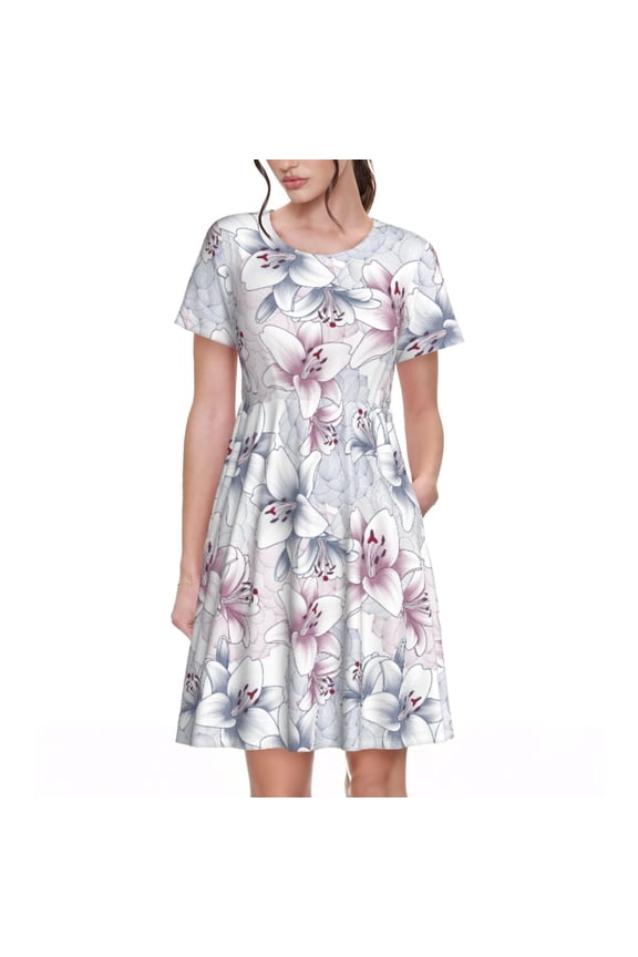 Lilies Flowers Pattern Women's Short Sleeve Summer Dress Pleated Loose Swing Knee Length Short Sleeve Swing Dresses