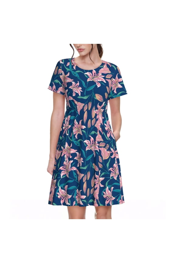 Lilies Flowers Pattern Women's Short Sleeve Summer Dress Pleated Loose Swing Knee Length Short Sleeve Swing Dresses