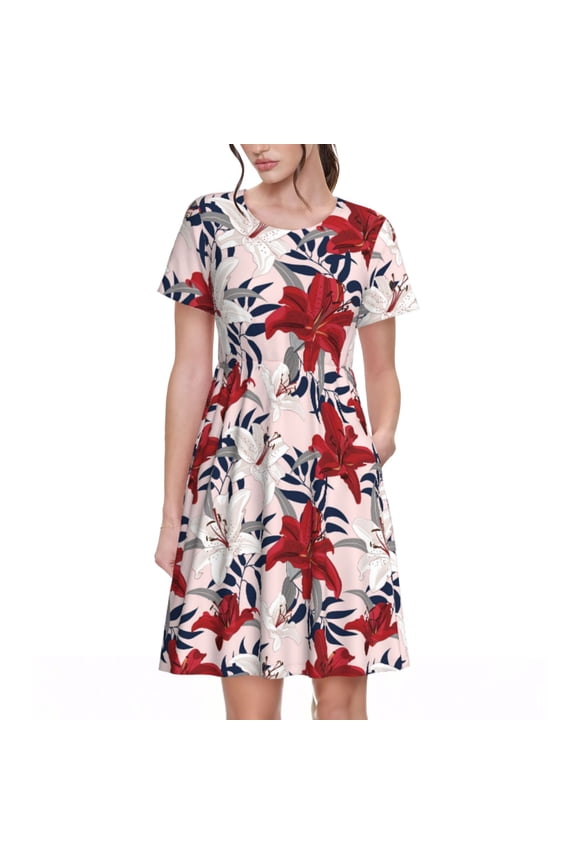Lilies Flowers Pattern Women's Short Sleeve Summer Dress Pleated Loose Swing Knee Length Short Sleeve Swing Dresses