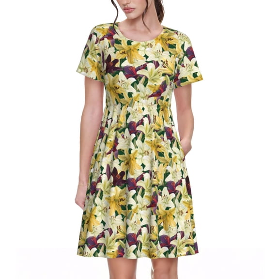 Picia Lilies Flowers Pattern Women's Short Sleeve Summer Dress Pleated Loose Swing Knee Length Short Sleeve Swing Dresses