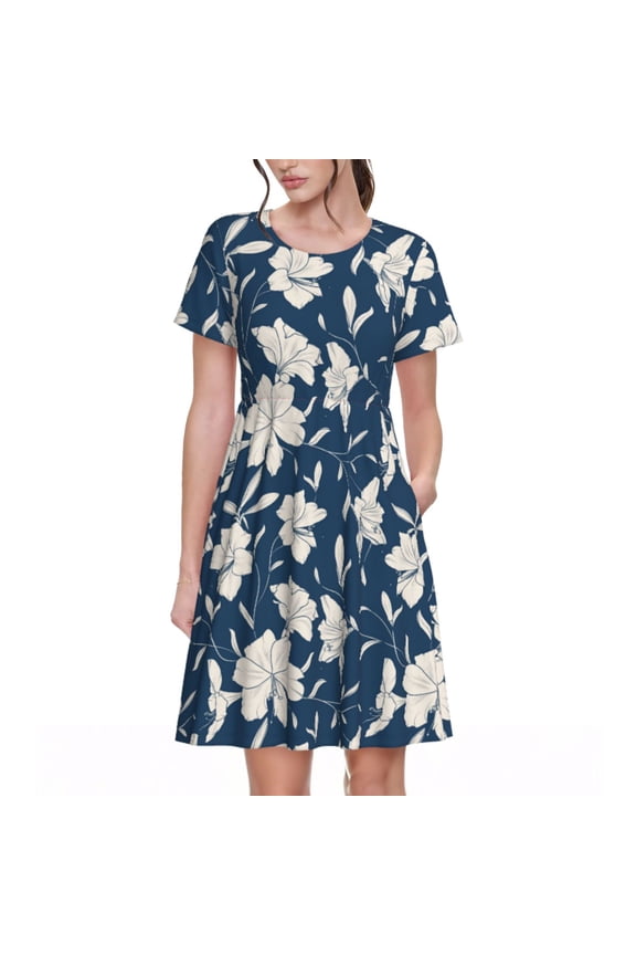 Lilies Flowers Pattern Women's Short Sleeve Summer Dress Pleated Loose Swing Knee Length Short Sleeve Swing Dresses