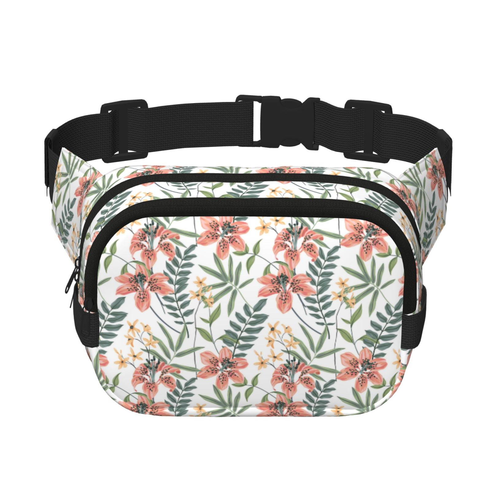 Picia Lilies Flowers Print Square Double-Layer Waist Bag Mini Adjustable Waist Belt Bag Exercise Running Travel Hiking