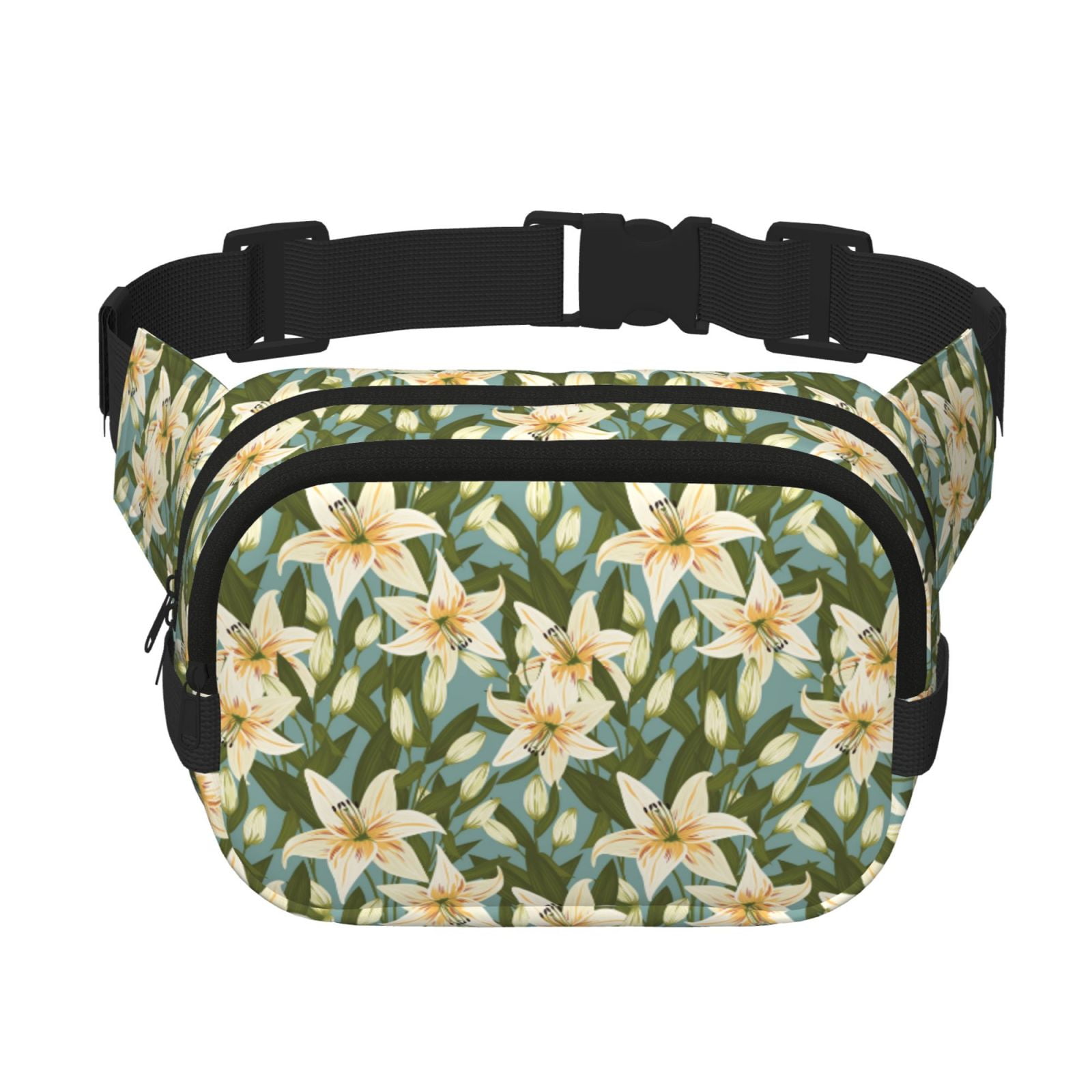 Picia Lilies Flowers Print Square Double-Layer Waist Bag Mini Adjustable Waist Belt Bag Exercise Running Travel Hiking