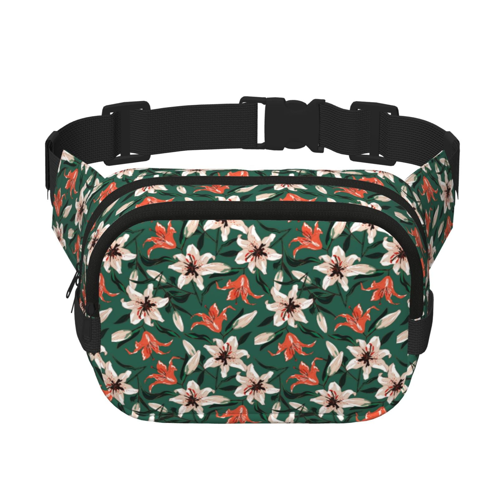Picia Lilies Flowers Print Square Double-Layer Waist Bag Mini Adjustable Waist Belt Bag Exercise Running Travel Hiking