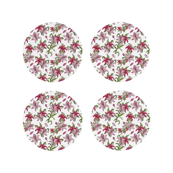 Picia Lilies Flowers Printed Leather Coasters for Drinks, 4" Drink Coasters Set of 4 for Tabletop Protection, Handmade Luxurious Home Décor and Housewarming Gift -Round Shape
