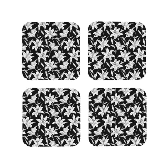Picia Lilies Flowers Printed Leather Coasters for Drinks, 4" Drink Coasters Set of 4 for Tabletop Protection, Handmade Luxurious Home Décor and Housewarming Gift -Square