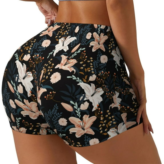 Picia Lilies Flowers Printed Workout Shorts for Women Seamless Scrunch Butt Lifting High Waisted Yoga Gym Booty Running Moisture-wicking Short Pants-