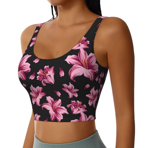 Picia Lilies Flowers Sports Bra for Women,Padded Strappy Sports Bras Medium Support Yoga Bra with Removable Cups,Running Yoga Bra-X-Large