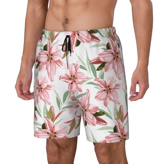 Picia Lilies Flowers pattern Mens Swim Trunks with Compression Liner Stretch Beach Shorts Quick Dry with Zipper Pockets No-Chafing Board Shorts-3X-Large