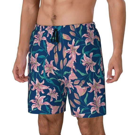 Picia Lilies Flowers pattern Mens Swim Trunks with Compression Liner Stretch Beach Shorts Quick Dry with Zipper Pockets No-Chafing Board Shorts-3X-Large