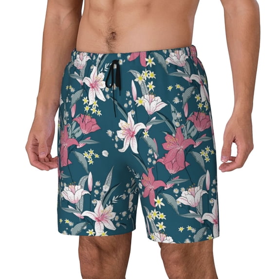 Picia Lilies Flowers pattern Mens Swim Trunks with Compression Liner Stretch Beach Shorts Quick Dry with Zipper Pockets No-Chafing Board Shorts-Medium