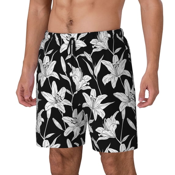 Picia Lilies Flowers pattern Mens Swim Trunks with Compression Liner Stretch Beach Shorts Quick Dry with Zipper Pockets No-Chafing Board Shorts-X-Large