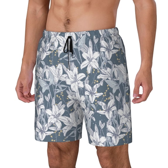 Picia Lilies Flowers pattern Mens Swim Trunks with Compression Liner Stretch Beach Shorts Quick Dry with Zipper Pockets No-Chafing Board Shorts-X-Large