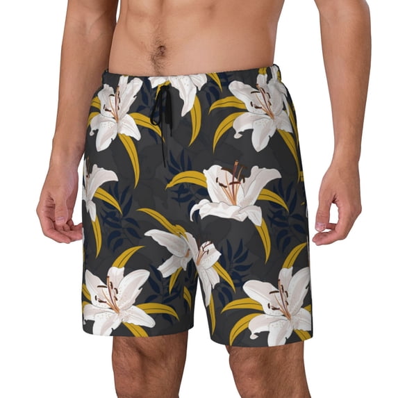 Picia Lilies Flowers pattern Mens Swim Trunks with Compression Liner Stretch Beach Shorts Quick Dry with Zipper Pockets No-Chafing Board Shorts-X-Large