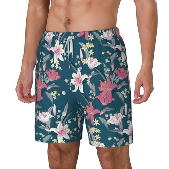 Picia Lilies Flowers pattern Mens Swim Trunks with Compression Liner Stretch Beach Shorts Quick Dry with Zipper Pockets No-Chafing Board Shorts-Small