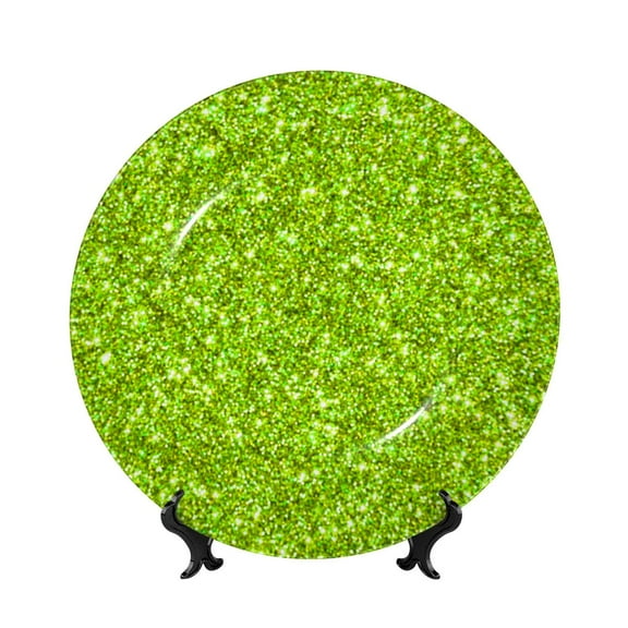 Picia Lime green glitter Pattern Bone China Decorative Plate – Wall Decor with Stand and Adhesive, Elegant Ornament for Living Room, Office, or Entryway-8in