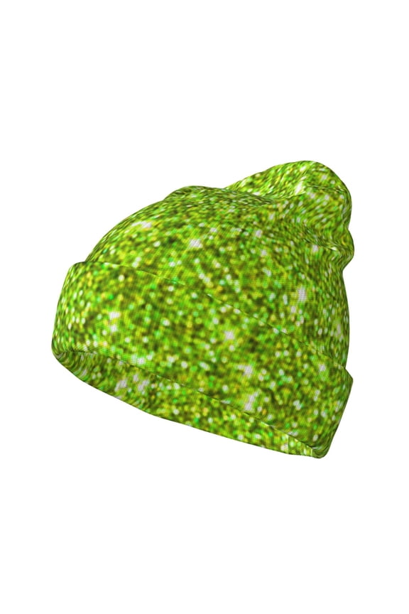 Lime green glitter Pattern Knitted Beanie Hat for Men and Women , Unisex Winter Warm Stretchy Knit Cap Thick Fisherman Beanies Cuffed Plain Skull Caps
