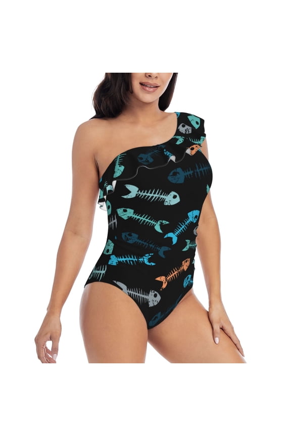 Little Fish Skeleton Pattern Women's One Piece Swimsuits,One Shoulder Swimwear Asymmetric ,Ruffle Monokinis Bathing Suits,High Waisted Flattering Bathing Suits-Medium