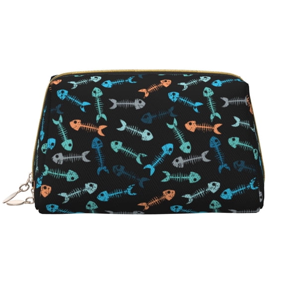 Picia Little Fish Skeleton Print Leather Makeup Bag Make Up Bag Travel Toiletry Bag for Her Girlfriend Teacher Teen Girl Gifts