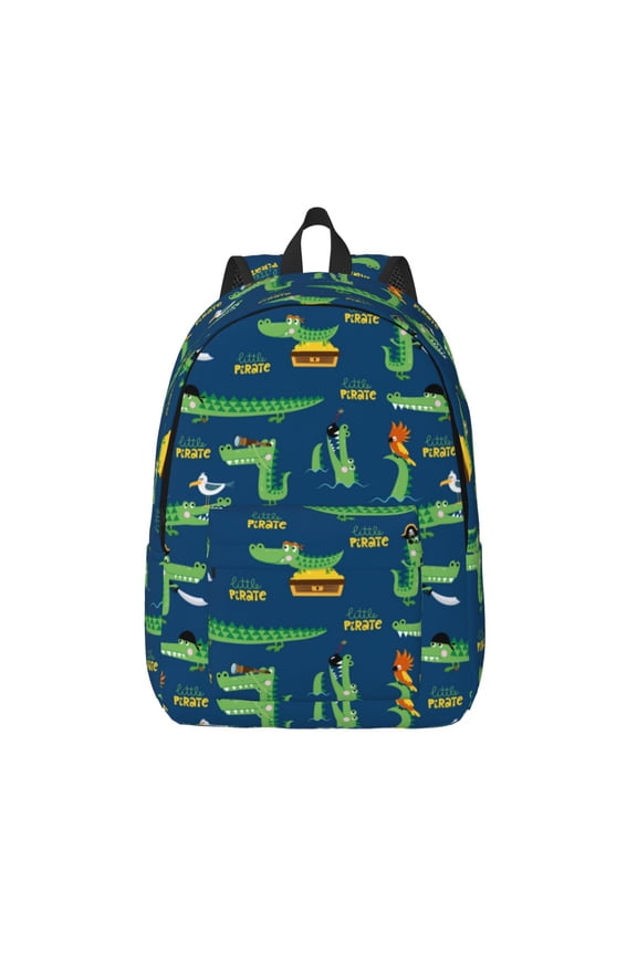 Little Pirate Crocodile Printed Canvas Daypack - Stylish and Durable Vintage Compact Backpack - Class, Work, Travel, or Laptop Bookbag,Organized Compartments-Medium