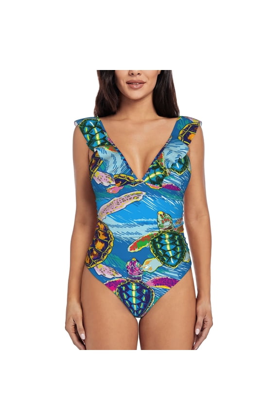 Little Sea Turtles Blooming Jelly Womens Tummy Control Bathing Suits Slimming Ruffle Swimsuit One Piece Lace Swimwear-