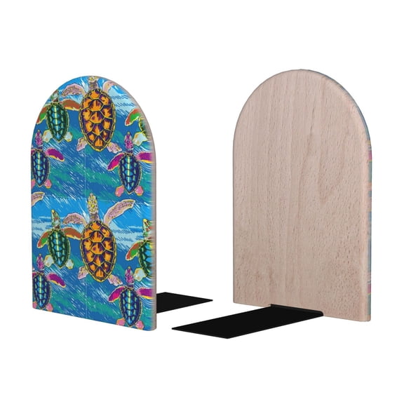Picia Little Sea Turtles Pattern Wood Bookends for Shelves,Non-slip Bookends, Heavy Duty Wooden Bookend Support,1 Pair