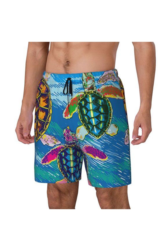 Little Sea Turtles pattern Mens Swim Trunks with Compression Liner Stretch Beach Shorts Quick Dry with Zipper Pockets No-Chafing Board Shorts-