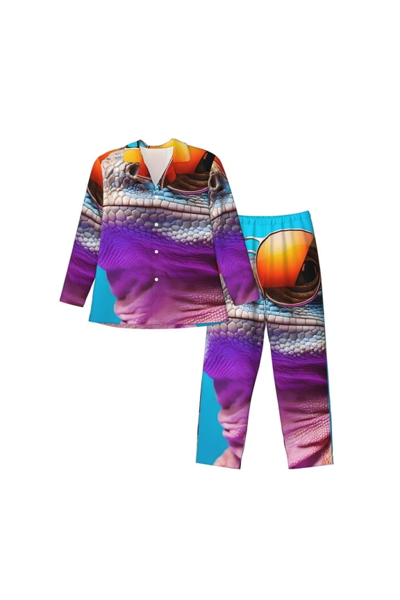 Lizard With Sunglasses Colorful Pattern Men’s Long-Sleeve Sleepwear Set - Soft 2-Piece Loungewear with Pockets, Comfy PJs for Relaxing Nights-Large