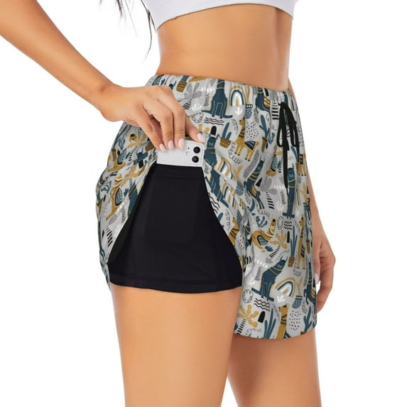 Picia Llama and Cactus1 Pattern Women's 2 in 1 Athletic Running Shorts High Waisted Workout Casual Gym Sweat Shorts with Comfy Liner Zipper Pockets-Medium