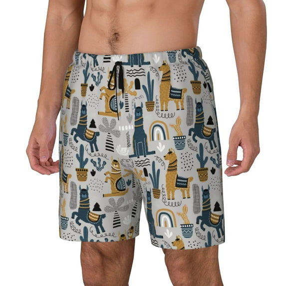 Picia Llama and Cactus1 pattern Mens Swim Trunks with Compression Liner Stretch Beach Shorts Quick Dry with Zipper Pockets No-Chafing Board Shorts-Small