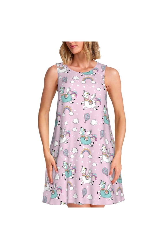 Llama Unicorn and Rainbow Print Women’s Sleeveless Midi Swing Dress – A-Line Pleated Tank Sundress, Comfortable and Flowy T-Shirt Dress