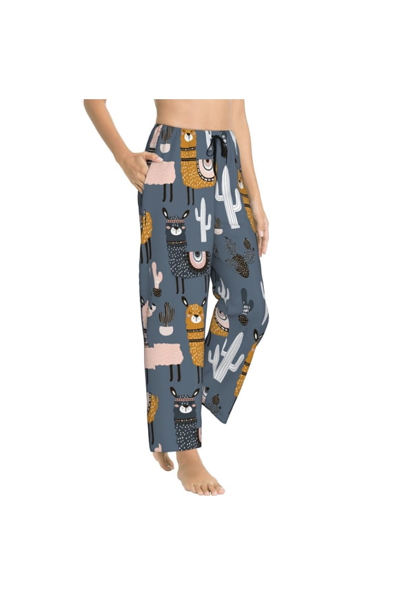 Llama and Cactus Womens Soft Woven Cotton Elastic Waistband Sleep Pajama Pant Lounge Sleep Pant With Pockets And Drawstring-Small