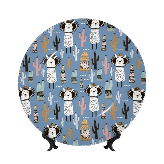 Picia Llamas And Cactus Pattern Bone China Decorative Plate – Wall Decor with Stand and Adhesive, Elegant Ornament for Living Room, Office, or Entryway-7in