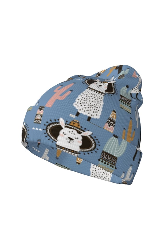 Llamas And Cactus Pattern Knitted Beanie Hat for Men and Women , Unisex Winter Warm Stretchy Knit Cap Thick Fisherman Beanies Cuffed Plain Skull Caps
