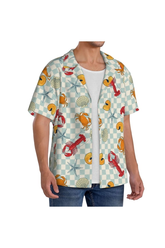 Lobster Sea Shell Men's Linen Shirts Short Sleeve Cuban Beach Shirts Casual Shirts Button Down Shirt for Men Beach Summer Wedding Shirt-3X-Large