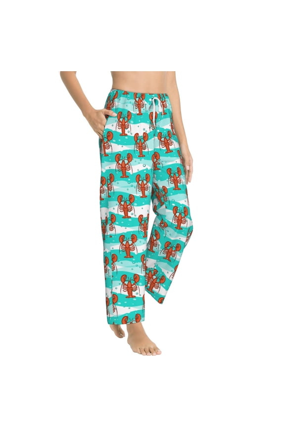 Lobsters Of Turquoise Waves Womens Soft Woven Cotton Elastic Waistband Sleep Pajama Pant Lounge Sleep Pant With Pockets And Drawstring-Medium