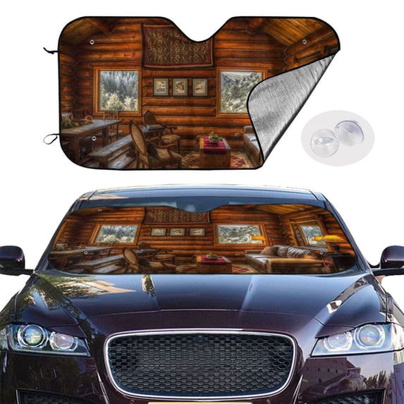 Picia Log Cabin Inside Curved Windshield Sunshade Accordion Folding Style Auto Shade for Car Truck SUV Van Blocks UV Ray Sun Visor Protector -Medium