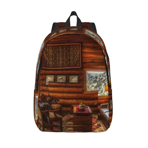 Picia Log Cabin Inside Printed Canvas Daypack - Stylish and Durable Vintage Compact Backpack - Class, Work, Travel, or Laptop Bookbag,Organized Compartments-Small