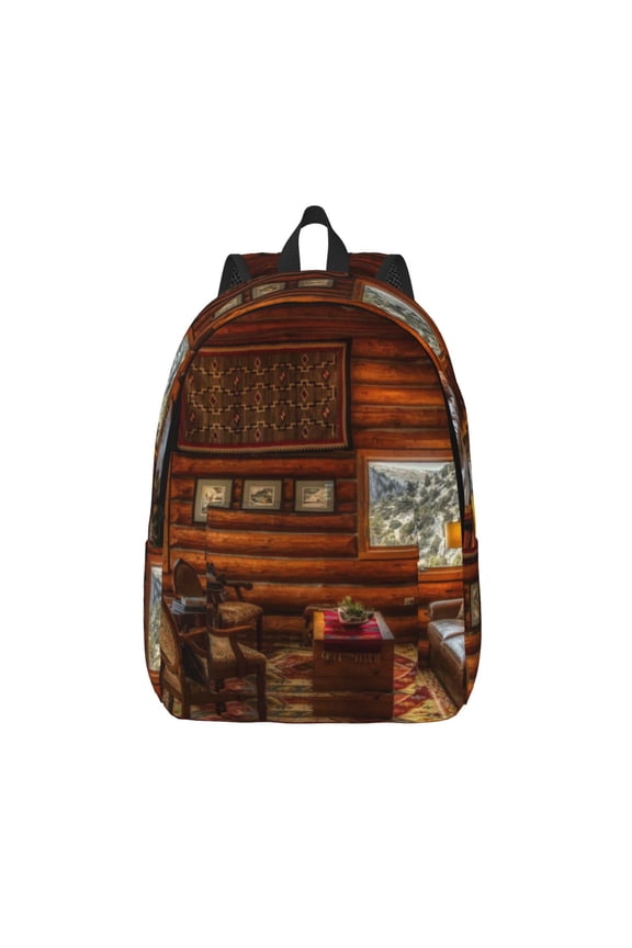 Log Cabin Inside Printed Canvas Daypack - Stylish and Durable Vintage Compact Backpack - Class, Work, Travel, or Laptop Bookbag,Organized Compartments-Small
