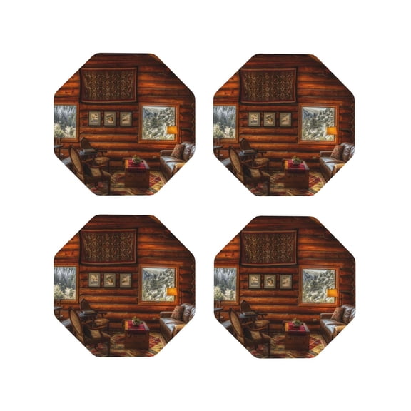 Picia Log Cabin Inside Printed Leather Coasters for Drinks, 4" Drink Coasters Set of 4 for Tabletop Protection, Handmade Luxurious Home Décor and Housewarming Gift -Octagon