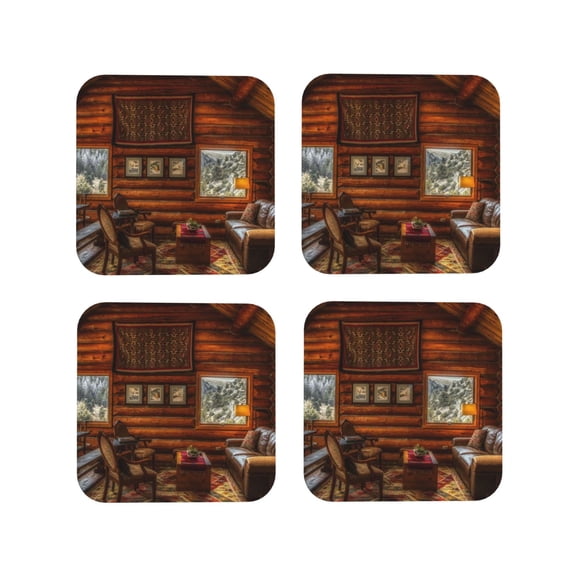 Picia Log Cabin Inside Printed Leather Coasters for Drinks, 4" Drink Coasters Set of 4 for Tabletop Protection, Handmade Luxurious Home Décor and Housewarming Gift -Square