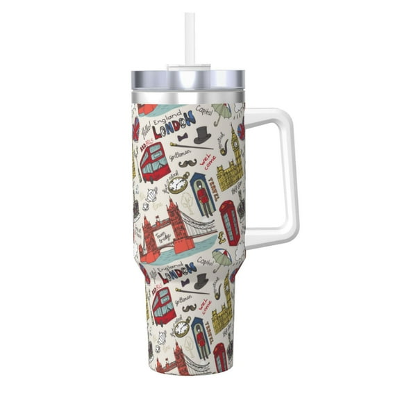 Picia London Landmark1 Pattern 40oz Ice Bully Insulated Tumbler with Handle, Double-Wall Stainless Steel Cup, Leak-Proof Lid and Straw