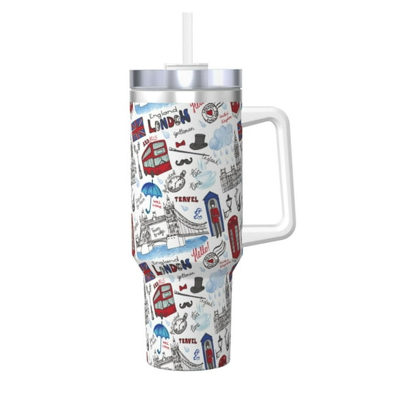 Picia London Landmark2 Pattern 40oz Ice Bully Insulated Tumbler with Handle, Double-Wall Stainless Steel Cup, Leak-Proof Lid and Straw
