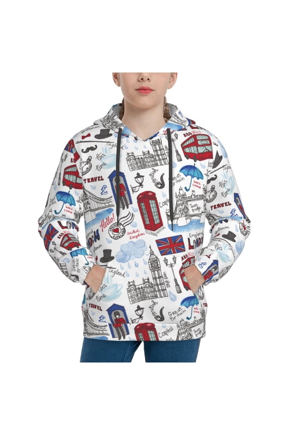London Landmark2 Pattern Youth Hoodie - Warm Pullover Sweatshirt with Kangaroo Pocket, Ideal for Boys and Girls-Medium